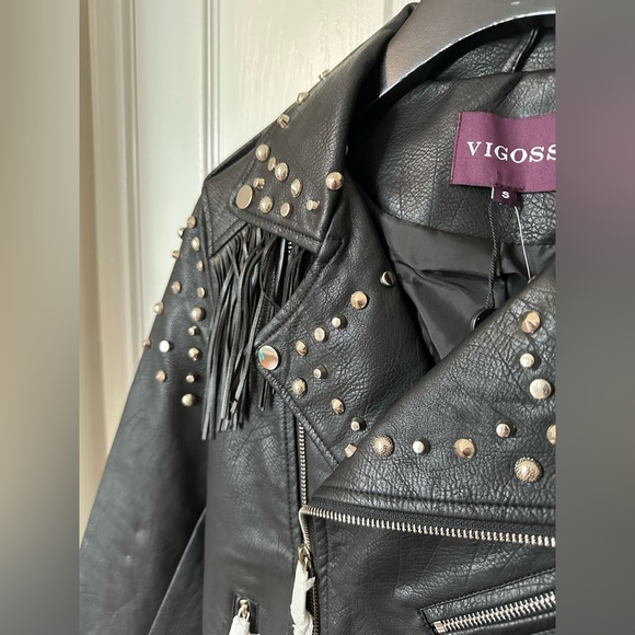 Vigoss Black Leather Jacket with Studs and Fringe - Picture 6 of 16
